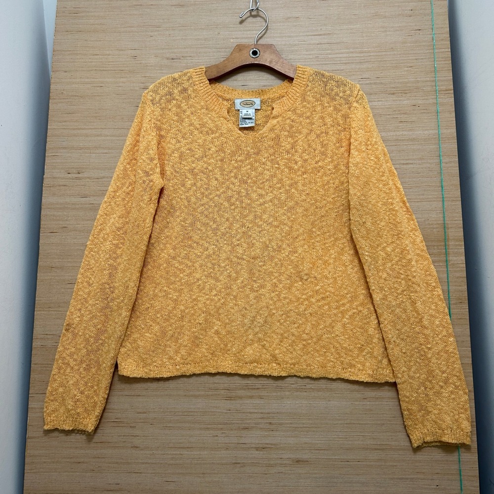 Talbots Womens Medium Orange Yellow Marled Knit Notched V-Neck Sweater‎